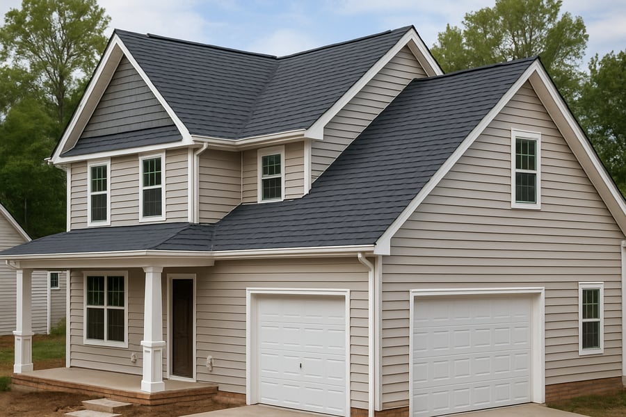 A house with newly installed roofing and siding A house with newly installed roofing and siding